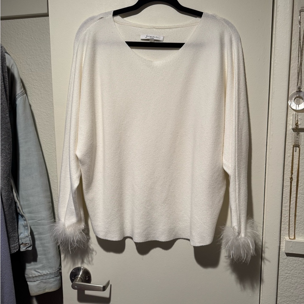 Elegant White Sweater with Feather Cuffs
